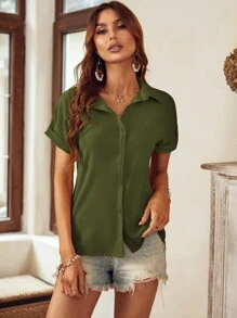 SHEIN LUNE Patched Pocket Batwing Sleeve Shirt - Army Green - View 3