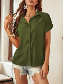 SHEIN LUNE Patched Pocket Batwing Sleeve Shirt - Army Green - View 4
