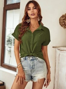 SHEIN LUNE Patched Pocket Batwing Sleeve Shirt - Army Green - View 5