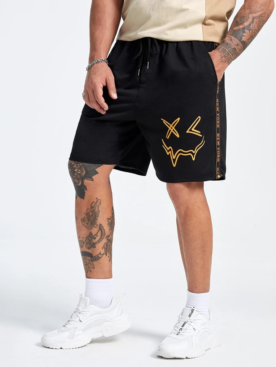 Manfinity Men Plus Expression Print Contrast Letter Tape Drawstring Waist Shorts
