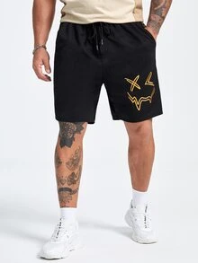 Manfinity Men Plus Expression Print Contrast Letter Tape Drawstring Waist Shorts