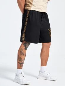 Manfinity Men Plus Expression Print Contrast Letter Tape Drawstring Waist Shorts