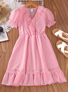 Niñas Vestido de lunares ribete con fruncido de manga farol - Rosa Pálido - Ver 1