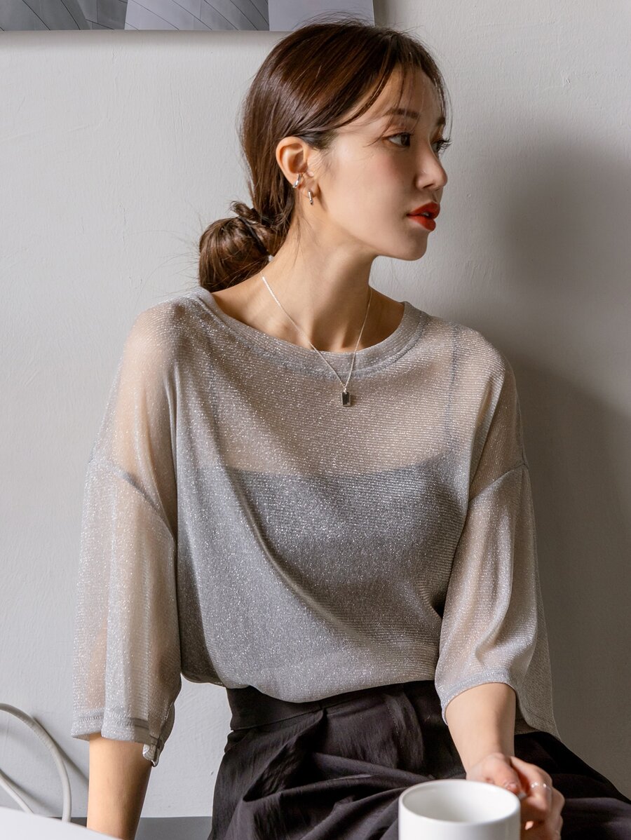 DAZY Thả vai Lưới Áo Không có áo may ô - Xám - Xem 1