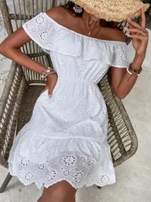 SHEIN VCAY Vestido schiffy de hombros descubiertos ribete con fruncido