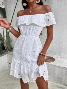 SHEIN VCAY Vestido schiffy de hombros descubiertos ribete con fruncido