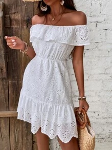 SHEIN VCAY Vestido schiffy de hombros descubiertos ribete con fruncido