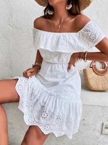 SHEIN VCAY Vestido schiffy de hombros descubiertos ribete con fruncido