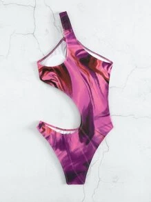 Random Brush Print O-Ring Asymmetrical Neck High Cut One Piece Swimsuit, For Summer Beach Vacation - Multicolor - View 5