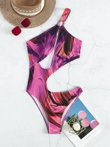 Random Brush Print O-Ring Asymmetrical Neck High Cut One Piece Swimsuit, For Summer Beach Vacation - Multicolor - View 6