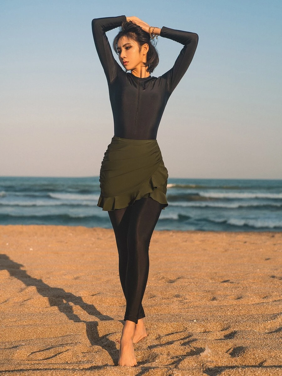 SHEIN Swim Mulvari Full Body Zip Front One Piece Swimsuit & Beach Skirt & Pants, For Summer Vacation - Black - View 1