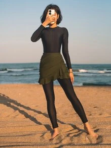 SHEIN Swim Mulvari Full Body Zip Front One Piece Swimsuit & Beach Skirt & Pants, For Summer Vacation - Black - View 4