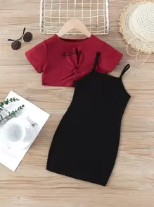 SHEIN Bộ thời trang bé gái xoắn lại Lá thư Ăn mặc đẹp - Nhiều màu - Xem 1