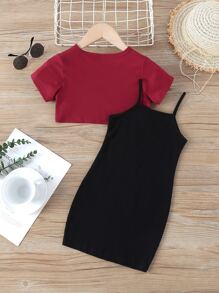 SHEIN Bộ thời trang bé gái xoắn lại Lá thư Ăn mặc đẹp - Nhiều màu - Xem 2