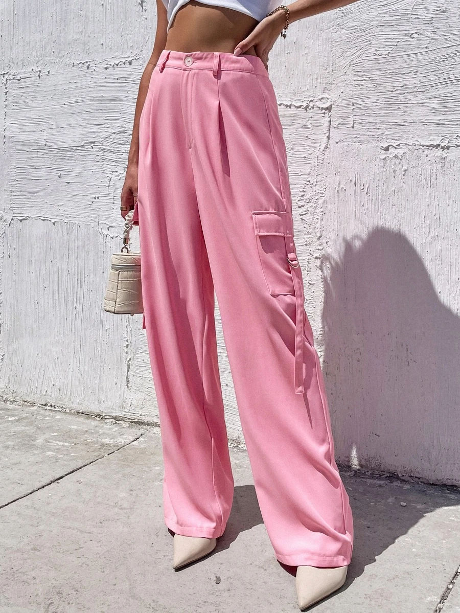 Pantalones cargo con tira con diseño con bolsillo lateral con solapa - Rosa - Ver 1