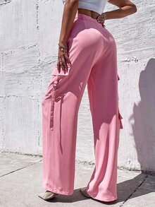 Pantalones cargo con tira con diseño con bolsillo lateral con solapa - Rosa - Ver 2