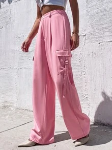 Pantalones cargo con tira con diseño con bolsillo lateral con solapa - Rosa - Ver 6