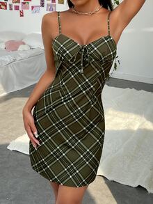 Plaid Tie Front Cami Dress - Dark Green - View 3