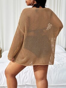 SHEIN Swim Curve Plus Hollow Out Drop Shoulder Cover Up Without Bikini,Summer Beach - Khaki - View 2