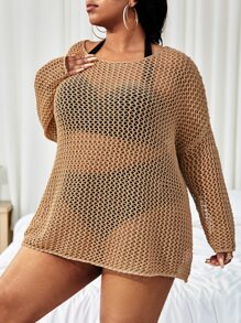 SHEIN Swim Curve Plus Hollow Out Drop Shoulder Cover Up Without Bikini,Summer Beach - Khaki - View 3