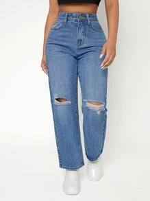SHEIN PETITE High Waist Ripped Straight Leg Jeans - Medium Wash - View 3