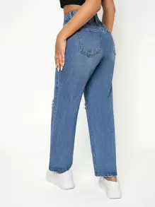 SHEIN PETITE High Waist Ripped Straight Leg Jeans - Medium Wash - View 2