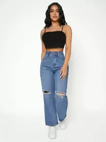SHEIN PETITE High Waist Ripped Straight Leg Jeans - Medium Wash - View 1