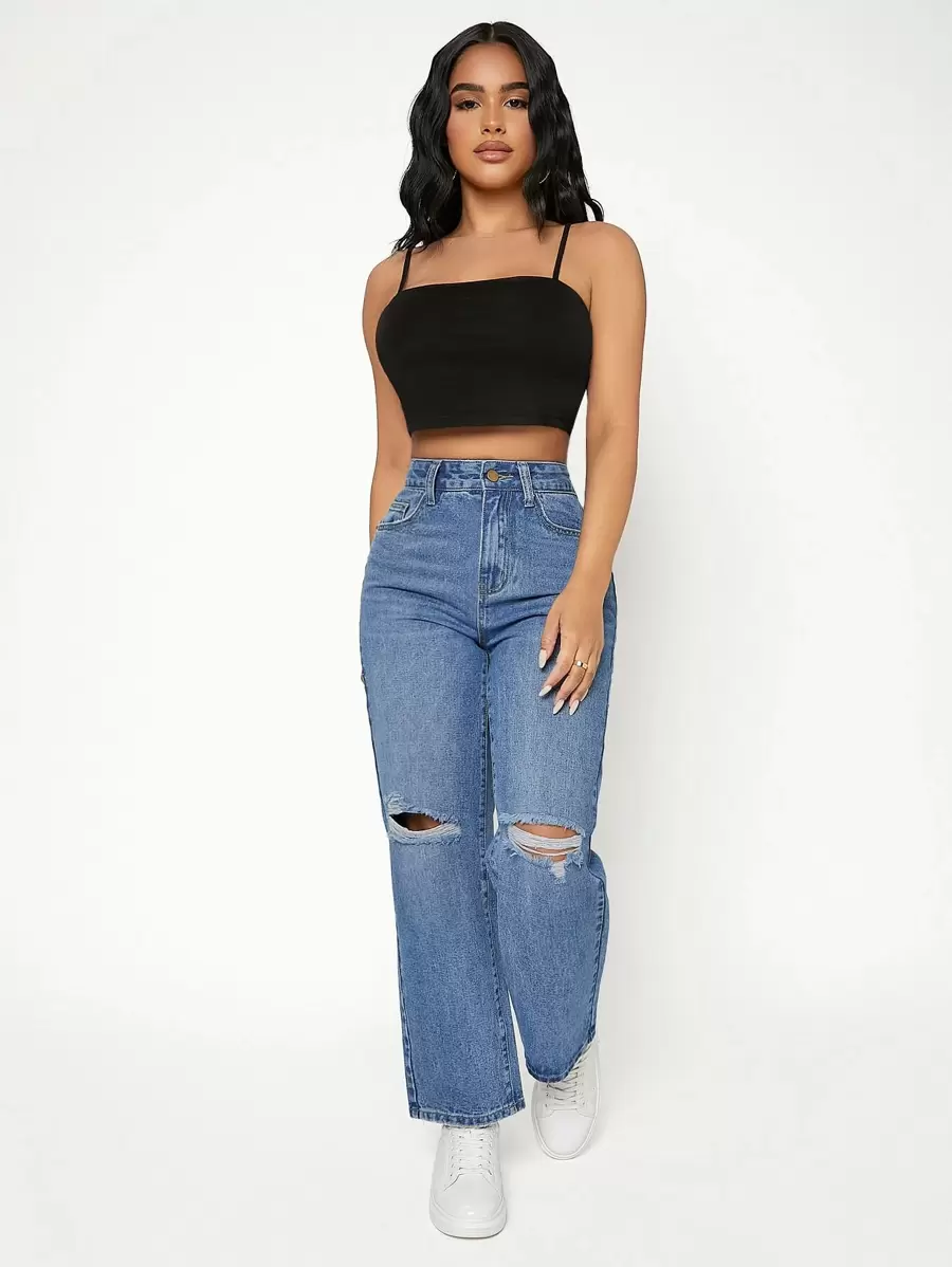 SHEIN PETITE High Waist Ripped Straight Leg Jeans - Medium Wash - View 1