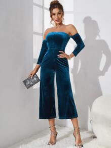 H AMOUDI Solid Off Shoulder Velvet Jumpsuit - Teal Blue - View 1