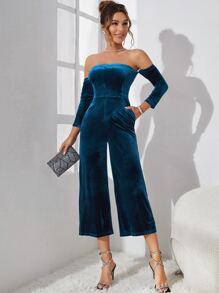 H AMOUDI Solid Off Shoulder Velvet Jumpsuit - Teal Blue - View 3