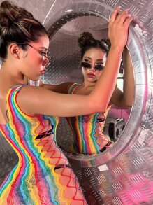 Rainbow Striped Cut Out Mesh Dress Without Lingerie - Multicolor - View 3