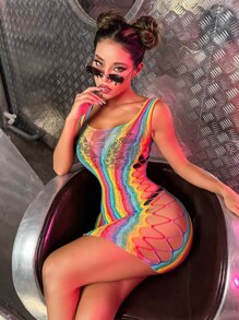 Rainbow Striped Cut Out Mesh Dress Without Lingerie - Multicolor - View 5