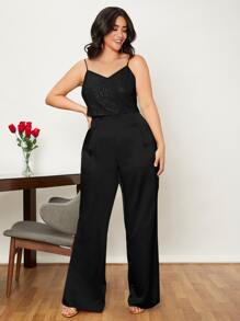 SHEIN Plus Zip Back Sequin Cami Top & Pants - Black - View 3