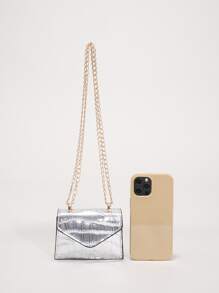 迷你新款時尚純色PU皮革鏈帶斜跨肩小方包 - 銀色 - 查看 5