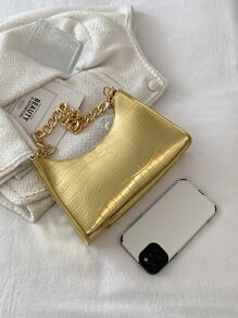 全新时尚纯色 PU 皮革腋下链条鳄鱼压纹法棍包 - 金色 - 查看 7