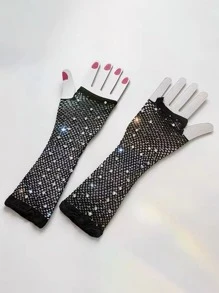 ROMWE Rhinestone Decor Fingerless Fishnet Gloves