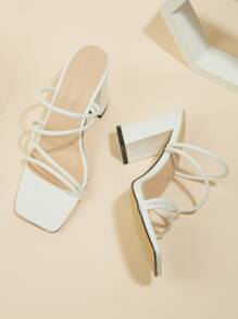 Zapatos de tacón alto blancos de moda para exteriores para mujer, sandalias de mula de tacón grueso con punta abierta con correa fina múltiple - Blanco - Ver 4