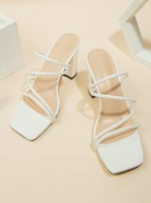 Zapatos de tacón alto blancos de moda para exteriores para mujer, sandalias de mula de tacón grueso con punta abierta con correa fina múltiple - Blanco - Ver 5