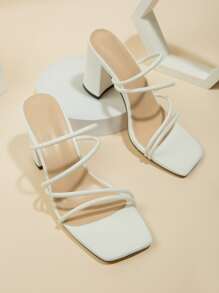 Zapatos de tacón alto blancos de moda para exteriores para mujer, sandalias de mula de tacón grueso con punta abierta con correa fina múltiple - Blanco - Ver 6