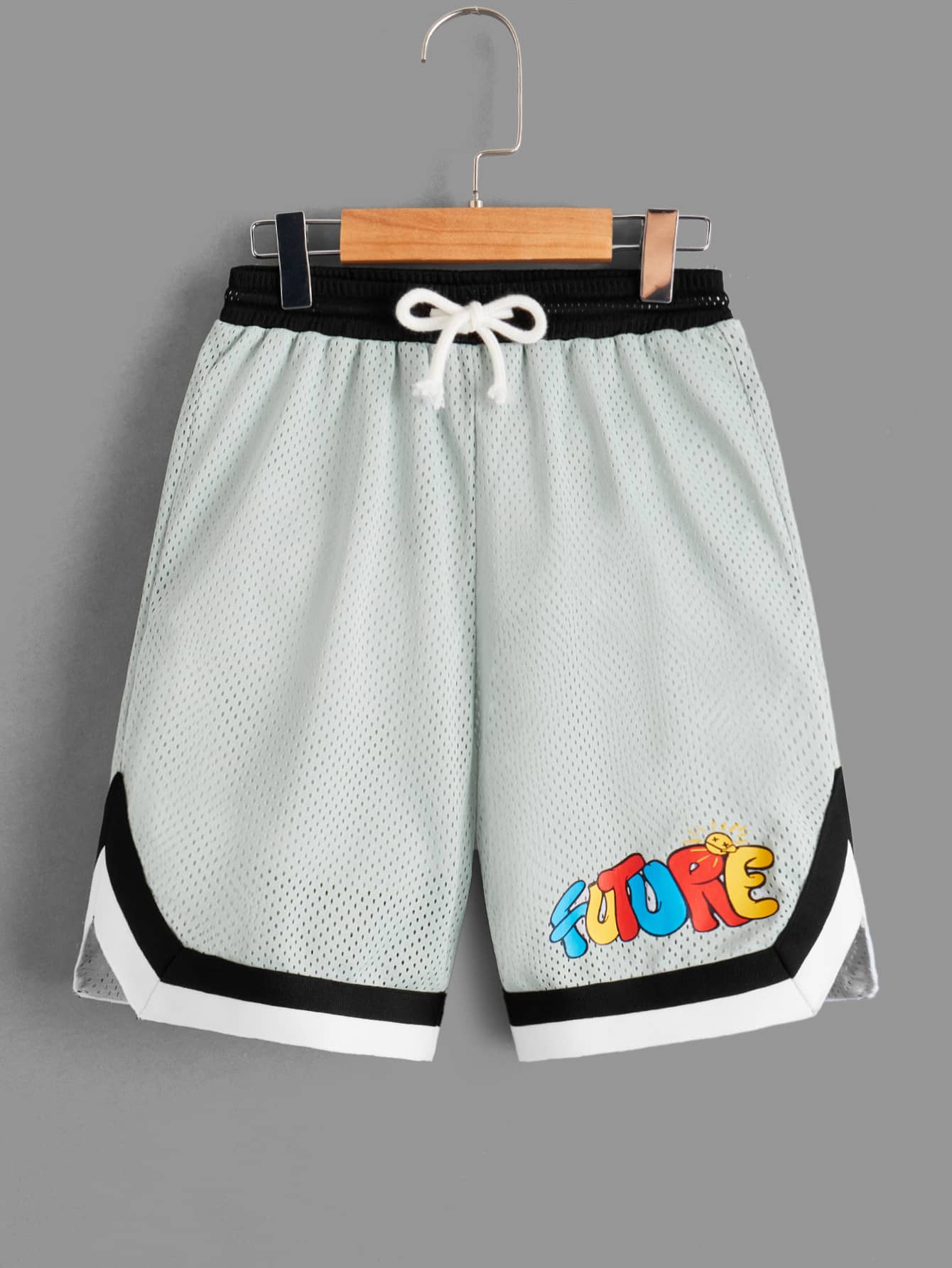 SHEIN Boys Letter Graphic Striped Trim Drawstring Waist Shorts - Light Grey - View 1