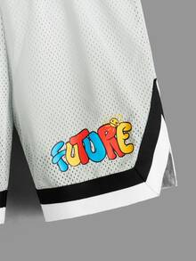 SHEIN Boys Letter Graphic Striped Trim Drawstring Waist Shorts - Light Grey - View 4