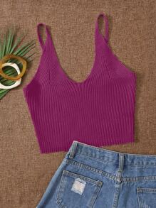 SHEIN Essnce Top unicolor tejido de canalé - Rojo violeta - Ver 1