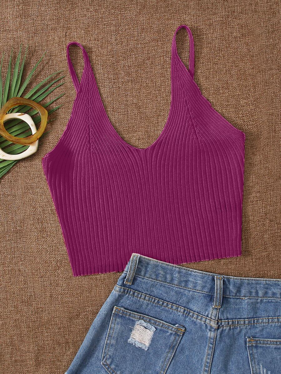 SHEIN Essnce Top unicolor tejido de canalé - Rojo violeta - Ver 1