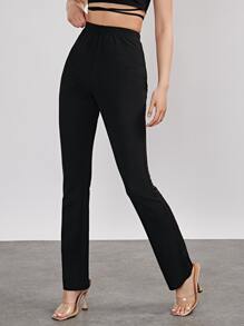 SHEIN Privé Recycled Polyester Solid Elastic Waist Boot-cut Leg Pants - Black - View 1