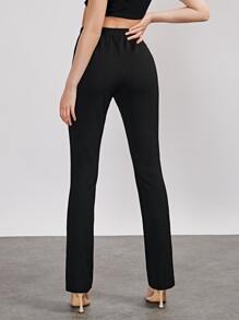 SHEIN Privé Recycled Polyester Solid Elastic Waist Boot-cut Leg Pants - Black - View 2