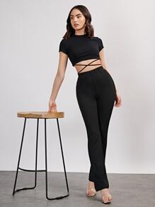 SHEIN Privé Recycled Polyester Solid Elastic Waist Boot-cut Leg Pants - Black - View 5