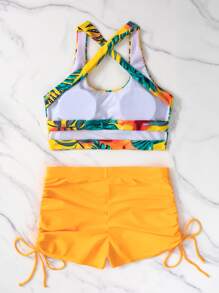 SHEIN Swim Bikini con cordón cruzado y estampado tropical para playa de verano - Multicolor - Ver 2