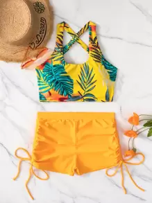 SHEIN Swim Bikini con cordón cruzado y estampado tropical para playa de verano - Multicolor - Ver 5