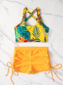 SHEIN Swim Bikini con cordón cruzado y estampado tropical para playa de verano - Multicolor - Ver 6