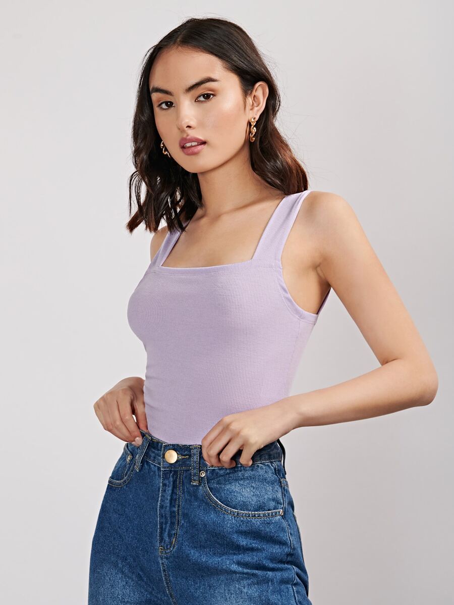 SHEIN Essnce 再生滌素色條紋針織吊帶上衣 - 紫丁香色 - 查看 1